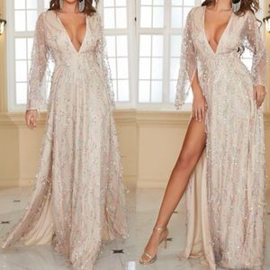 Glamorous slit thigh sequins evening party formal prom dress